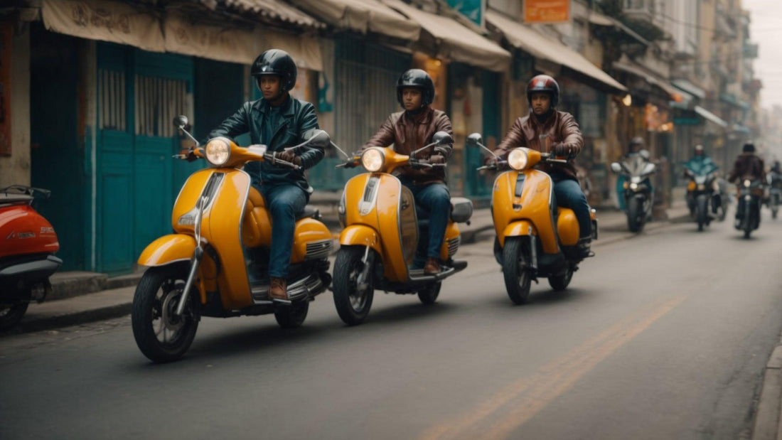 Three riders on bright yellow motor scooters driving on a city street, wearing helmets.