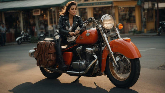 Woman in black leather jacket riding orange cruiser motorcycle on city street with brown saddlebags