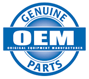Blue and white Genuine OEM Parts badge, circular, with bold text emphasizing original equipment manufacturer