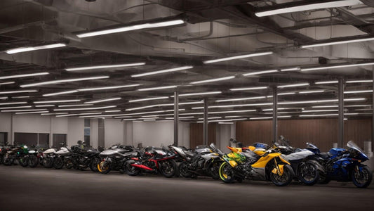 Row of sport motorcycles in a well-lit dealership showroom, various models and colors