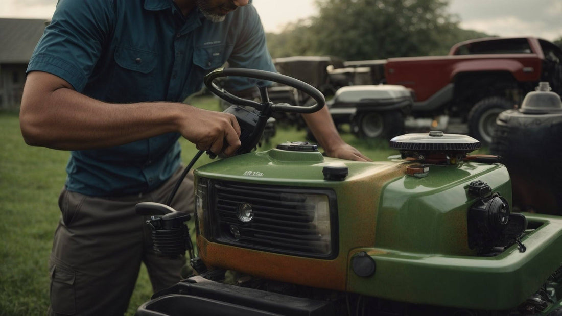 Person tuning up green riding lawn mower outdoors, lawn equipment maintenance task