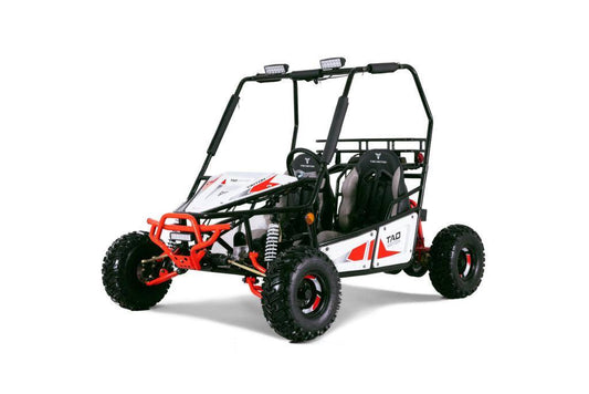 Red and white two-seat off-road go-kart with roll cage and rugged tires on white background