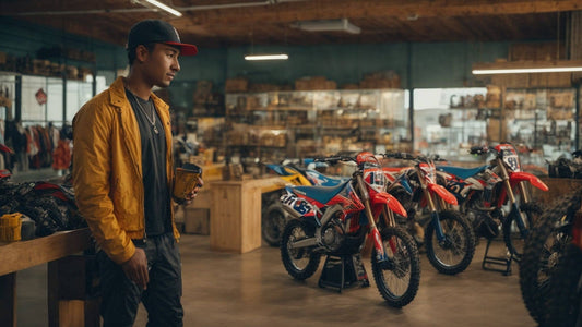 Man in a yellow jacket looking at red and blue dirt bikes in a motorcycle dealership showroom
