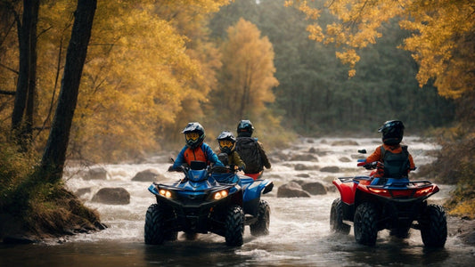 Riders on ATVs driving through a rocky stream in a forest with autumn foliage