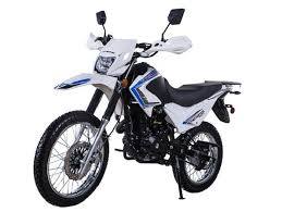 White dual sport motorcycle with off-road tires and blue accents, perfect for trail riding.