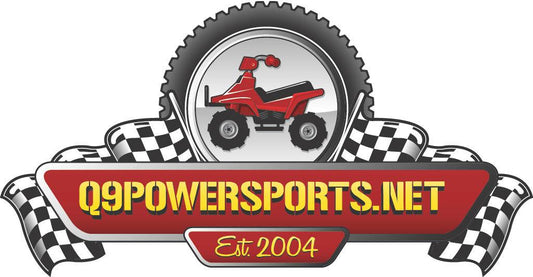 Logo featuring a red ATV, checkered racing flags, large tire, and bold yellow text
