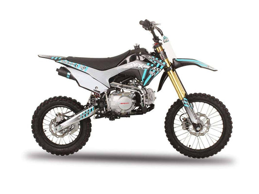 Affordable youth dirt bike with off-road tires and blue graphics on white background