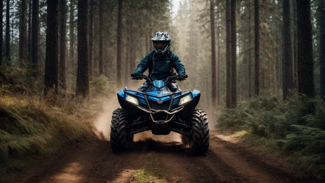 Person riding blue ATV on dirt trail in forest, powersports outdoor adventure vehicle