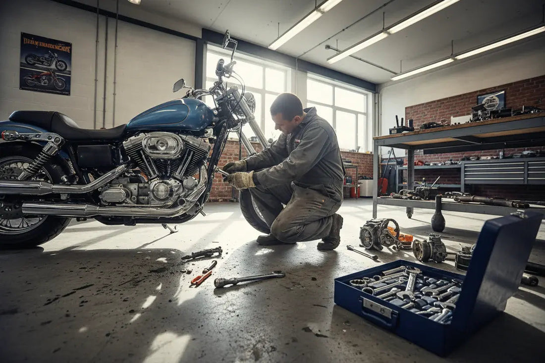 Mechanic repairing a blue motorcycle in a sunlit garage with tools and engine parts.