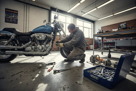 Mechanic repairing a blue motorcycle in a sunlit garage with tools and engine parts.