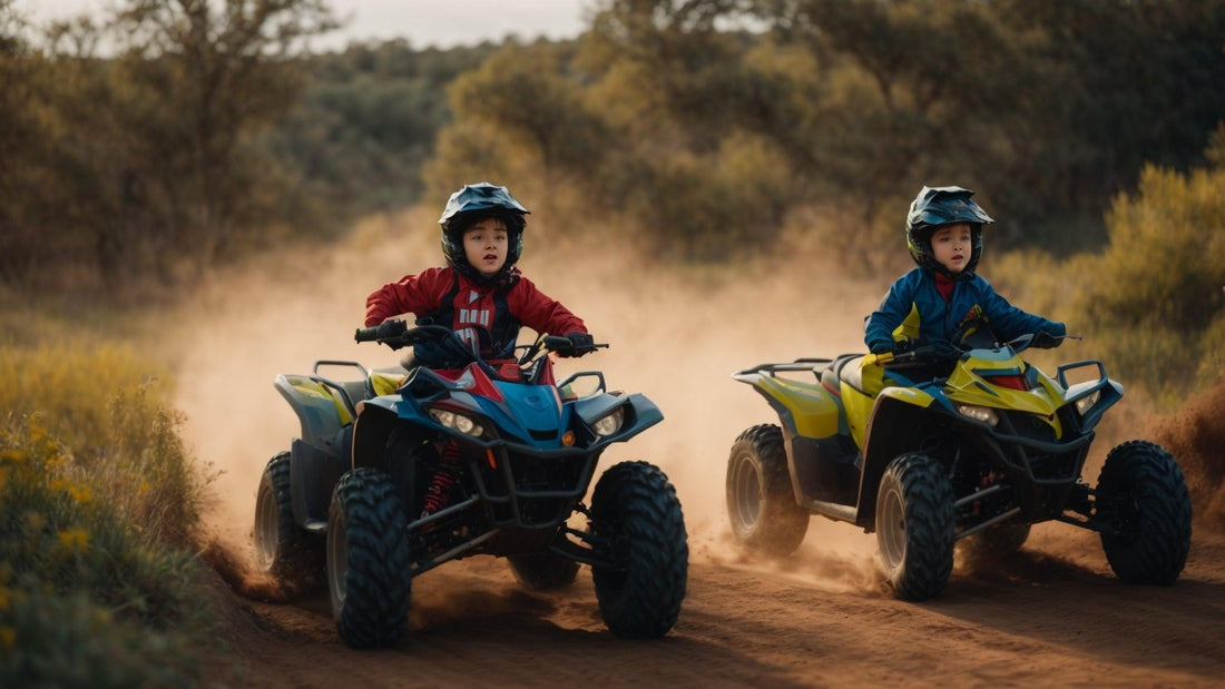 Two kids riding youth ATVs on a dirt trail outdoors, wearing helmets for safety