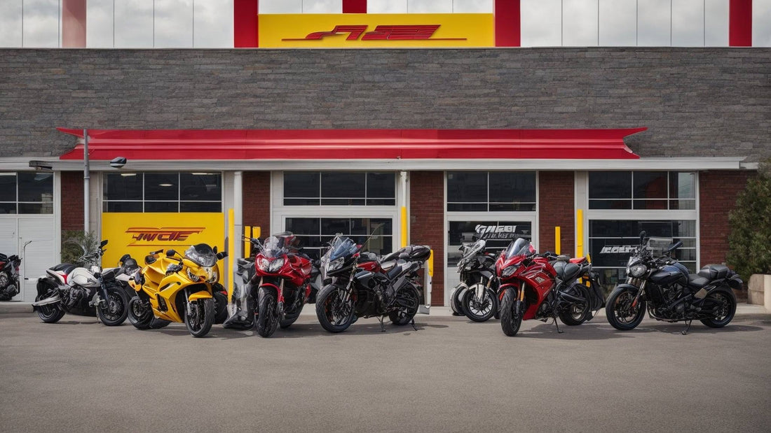 Row of new sport motorcycles and bikes parked outside a modern powersports dealership
