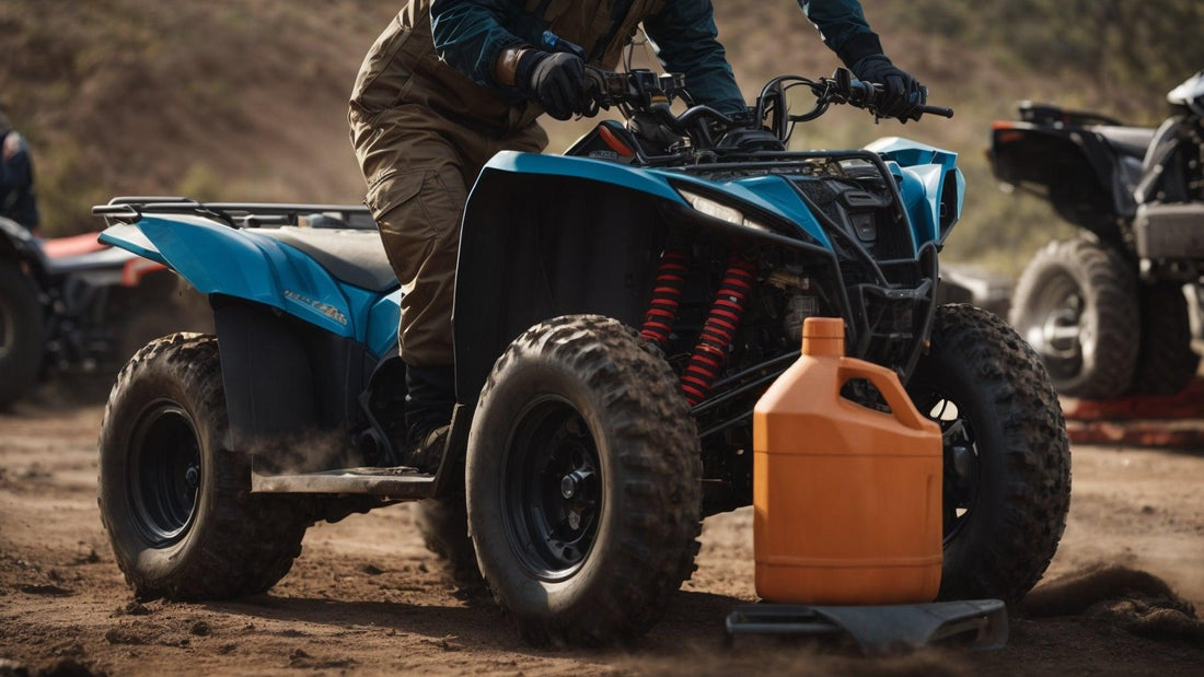 Person maintaining blue ATV outdoors with large orange oil container nearby