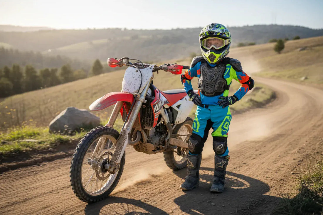 Young rider in colorful motocross gear standing by dirt bike on a dirt trail