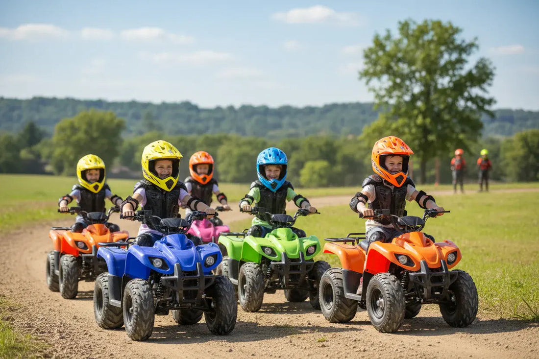 Young kids riding colorful mini ATVs with helmets on a dirt track outdoors
