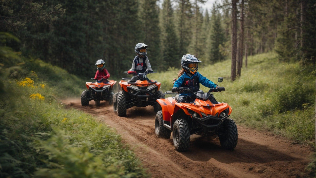 Kids riding orange ATVs on dirt trail through forest, outdoor adventure powersports scene