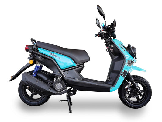 Blue and black Malibu 150cc gas-powered scooter with sporty design on white background