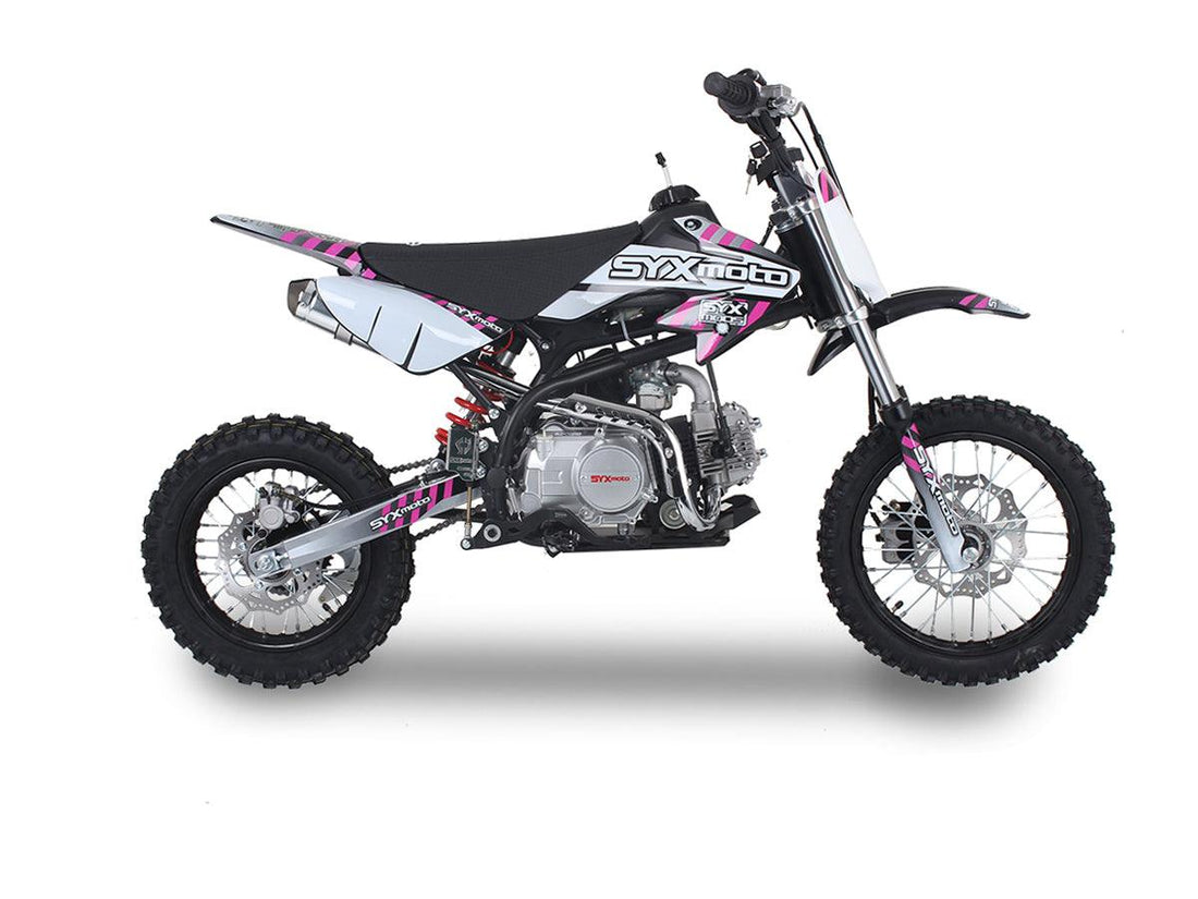 125cc youth dirt bike with black, white, and pink graphics on a white background