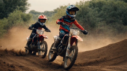 Two kids riding dirt bikes on a muddy off-road trail, wearing protective gear