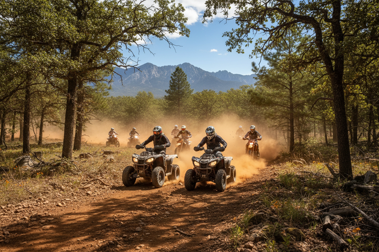 Group riding ATVs and dirt bikes on forest trail with mountains in background