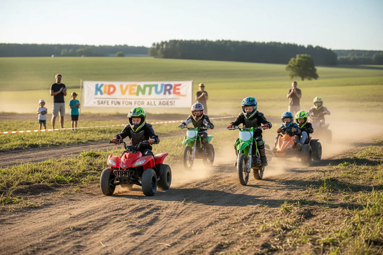 Kids riding dirt bikes and ATVs outdoors on a sunny day during a motorsports event