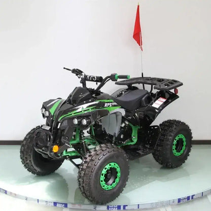 Black and green all-terrain ATV with off-road tires and a rear cargo rack indoors