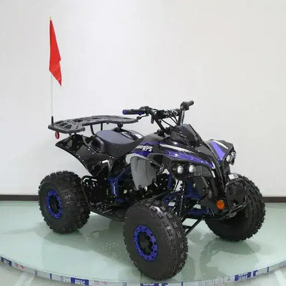 Blue 125cc youth ATV with rugged tires, front rack, and safety flag on display indoors