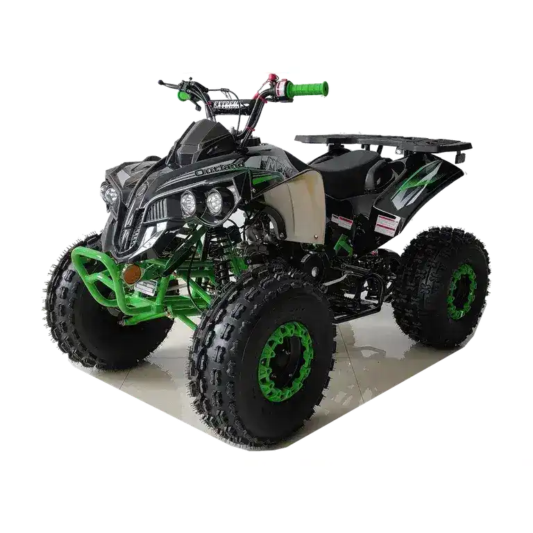 Green and black Outlander 125cc ATV with rugged tires on a showroom floor