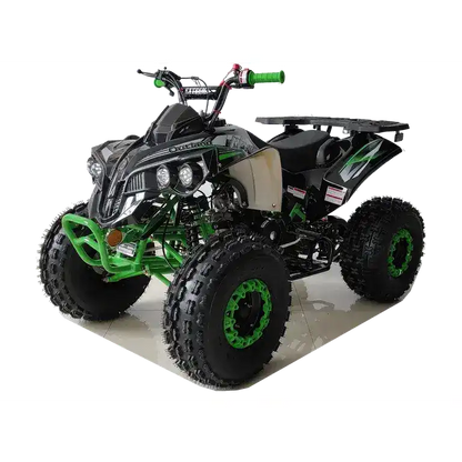 Green and black Outlander 125cc ATV with rugged tires on a showroom floor
