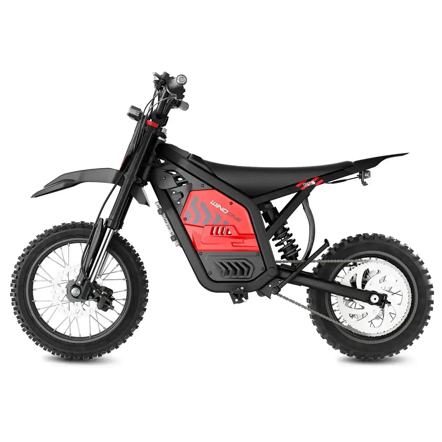 Electric dirt bike with red and black frame, knobby tires, and off-road suspension
