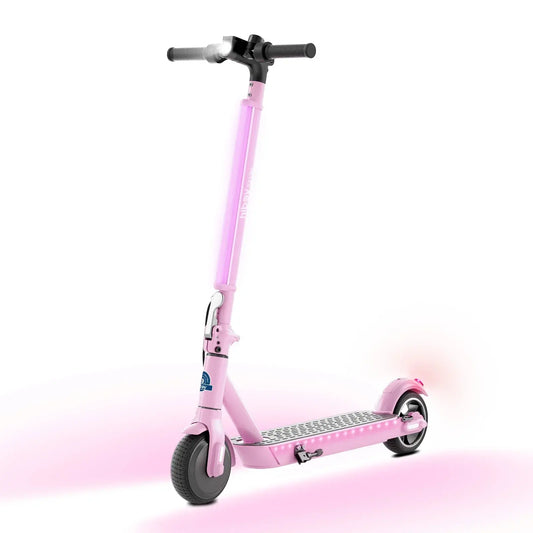 Pink kids electric scooter with LED lights, front headlight, and rubber grips at Q9 PowerSports USA