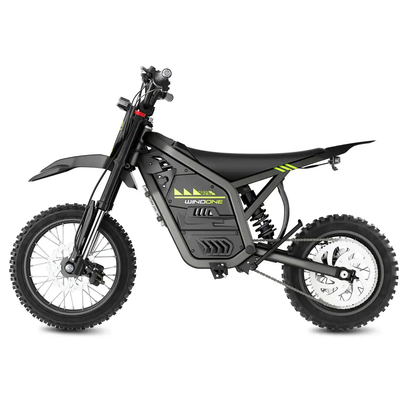 Electric dirt bike with black frame, off-road tires, and neon green accents on white background