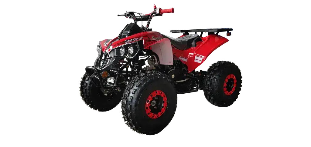 Red four-wheeler ATV with rugged tires, off-road lights, and sporty design on white background.