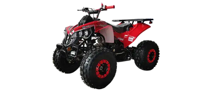 Red four-wheeler ATV with rugged tires, off-road lights, and sporty design on white background.