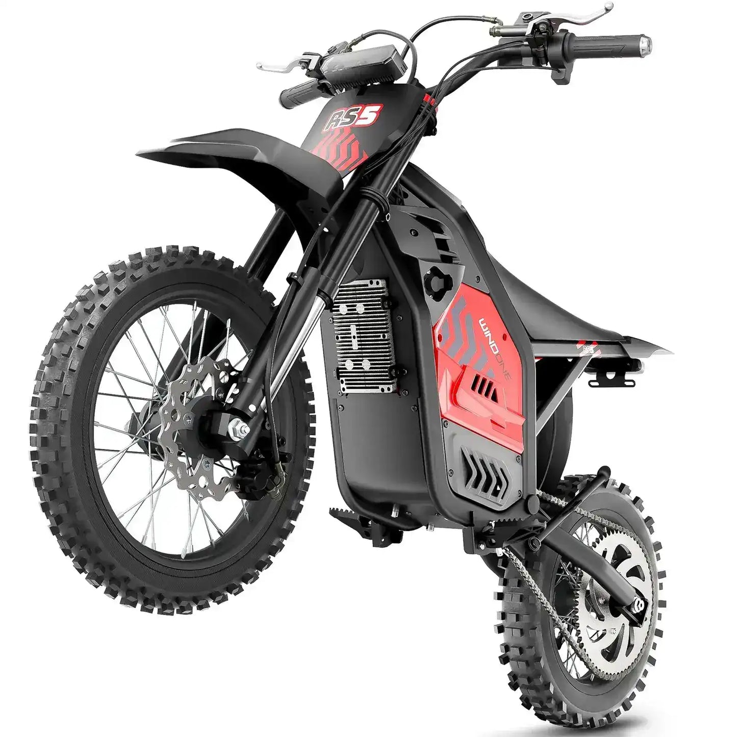 Electric dirt bike with knobby tires, black and red body, lifted front wheel, isolated background
