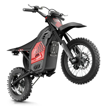 Electric dirt bike with knobby tires, black and red body, off-road design