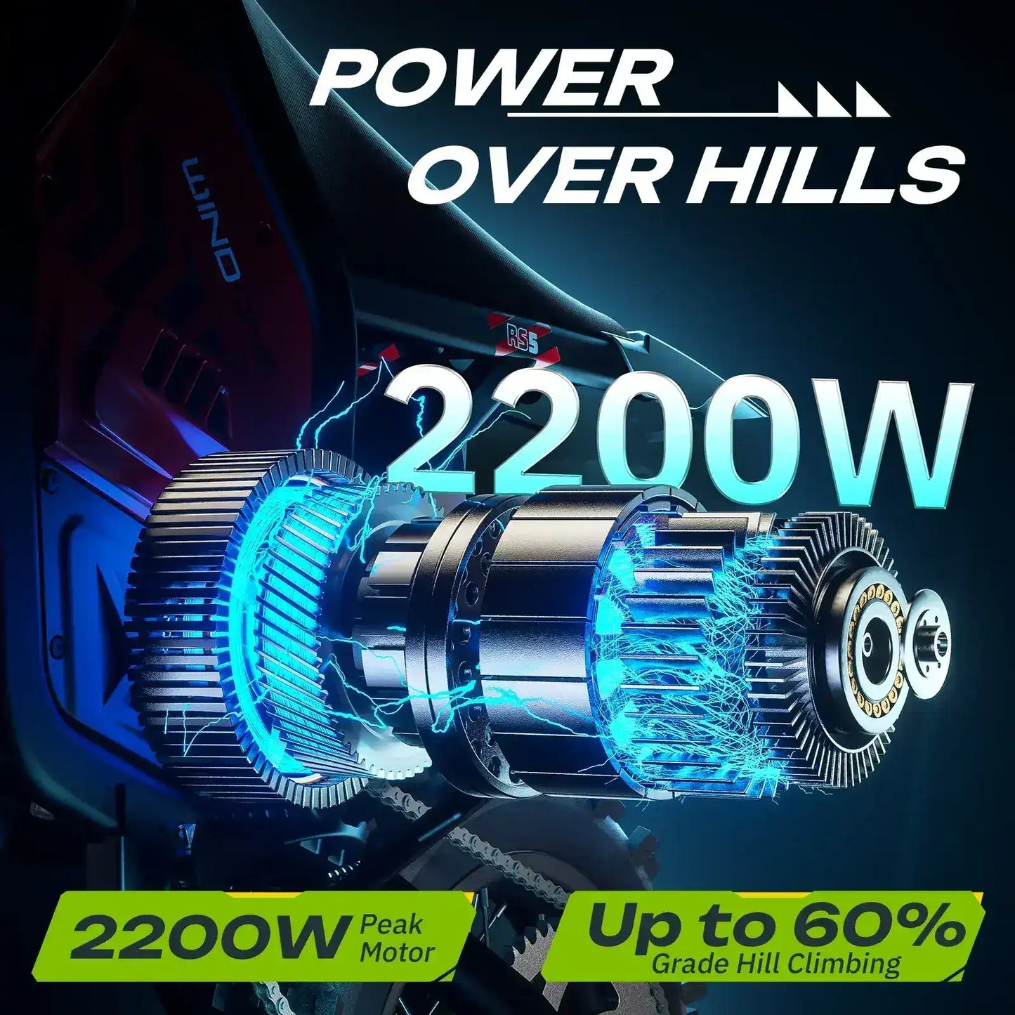 2200W electric motor for ATV or go-kart, highlighting peak power and strong hill climbing ability