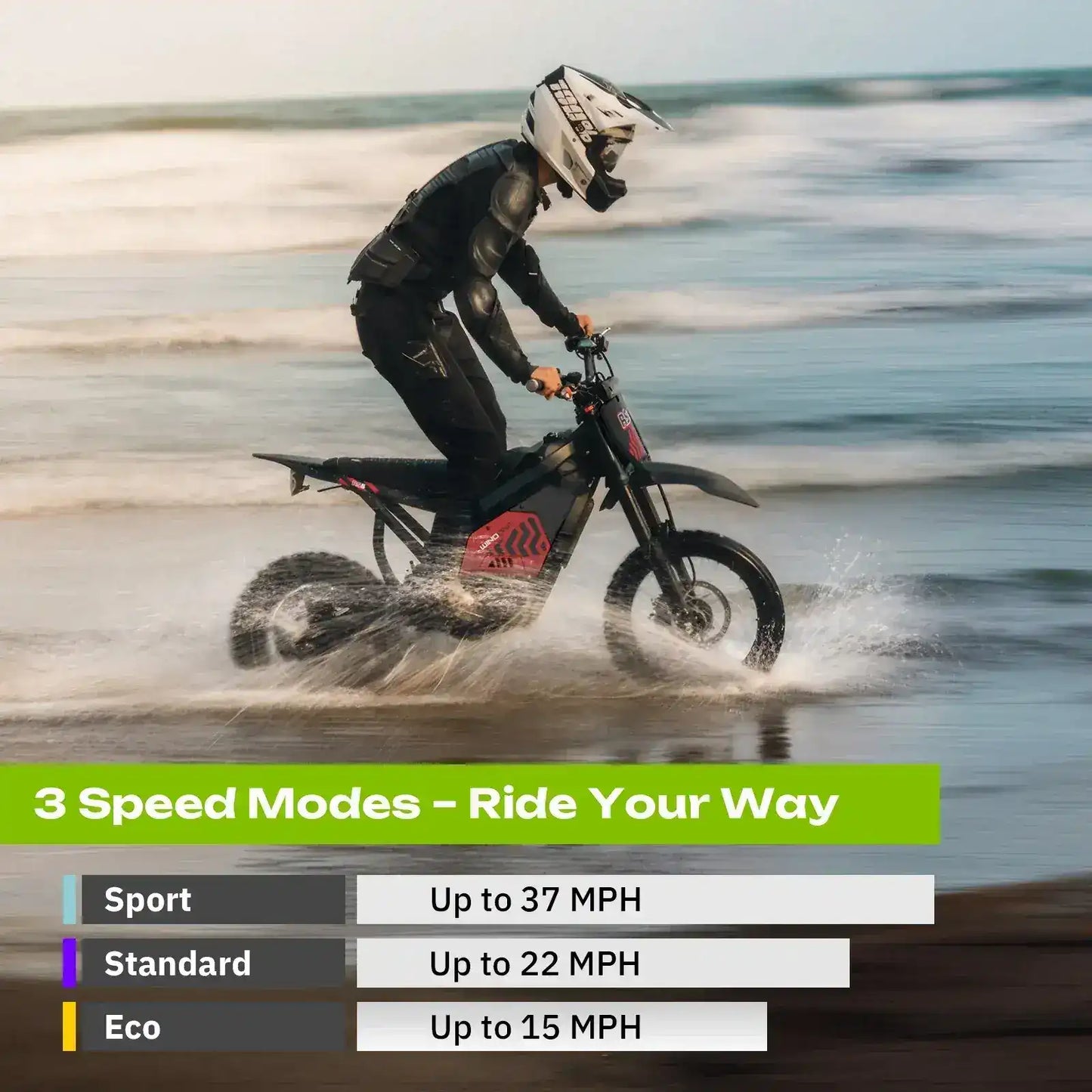 Rider on an electric dirt bike splashing through water on a beach, 3 speed modes shown