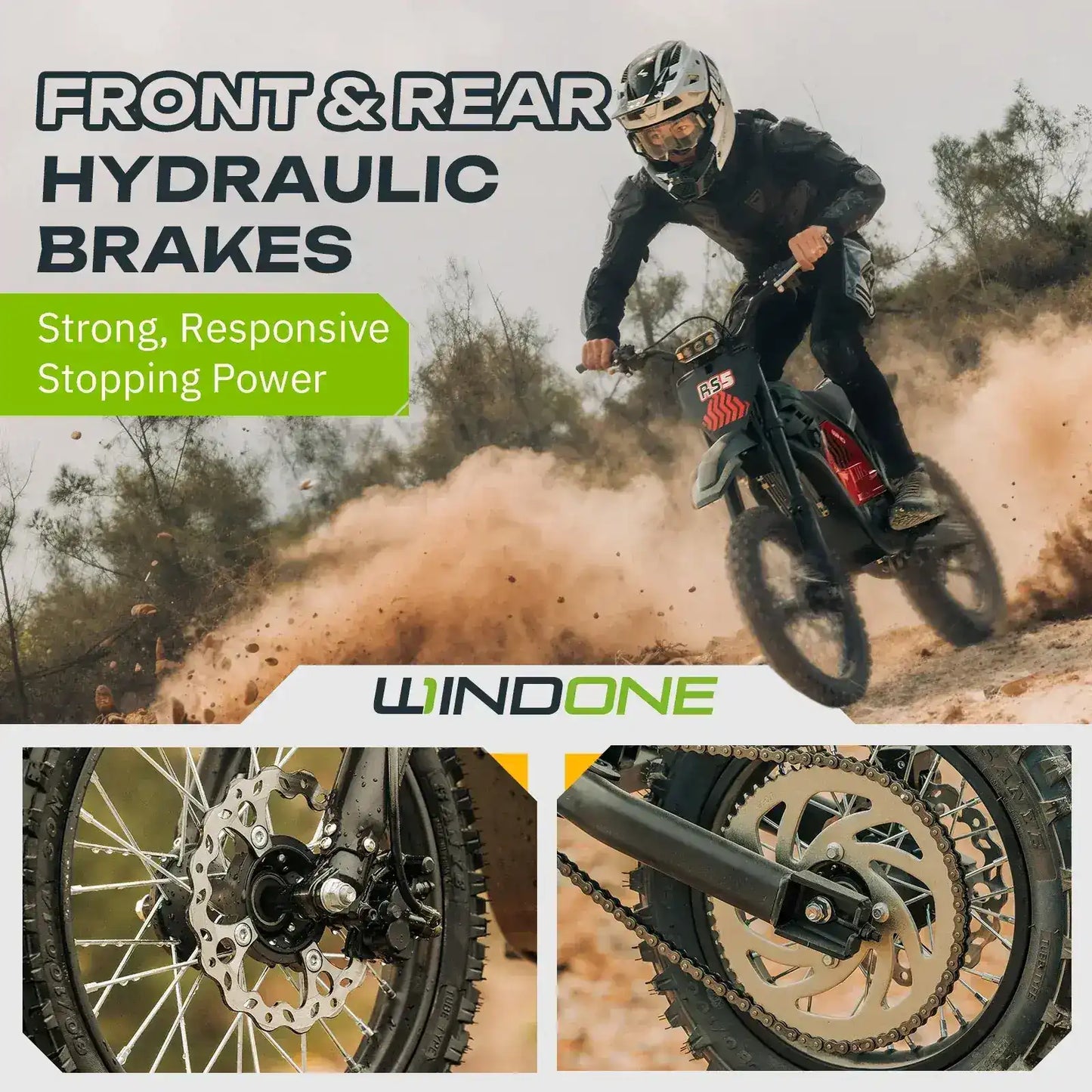 Dirt bike with front and rear hydraulic brakes in action, kicking up dust off-road.