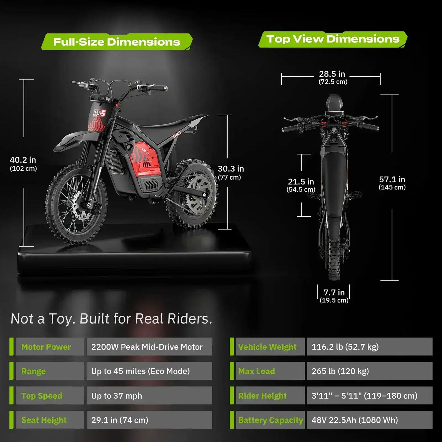 Electric dirt bike with black and red design, detailed specs and size dimensions displayed.