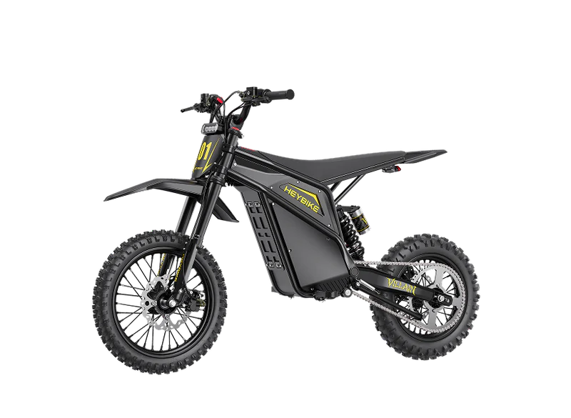 Black electric dirt bike with knobby tires, yellow accents, and modern frame design