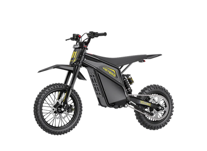 Black electric dirt bike with knobby tires, yellow accents, and modern frame design